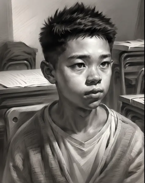 A 15-year-old boy studying in a classroom, close-up portrait, charcoal portrait, black and white, pencil sketch. (best quality, ...