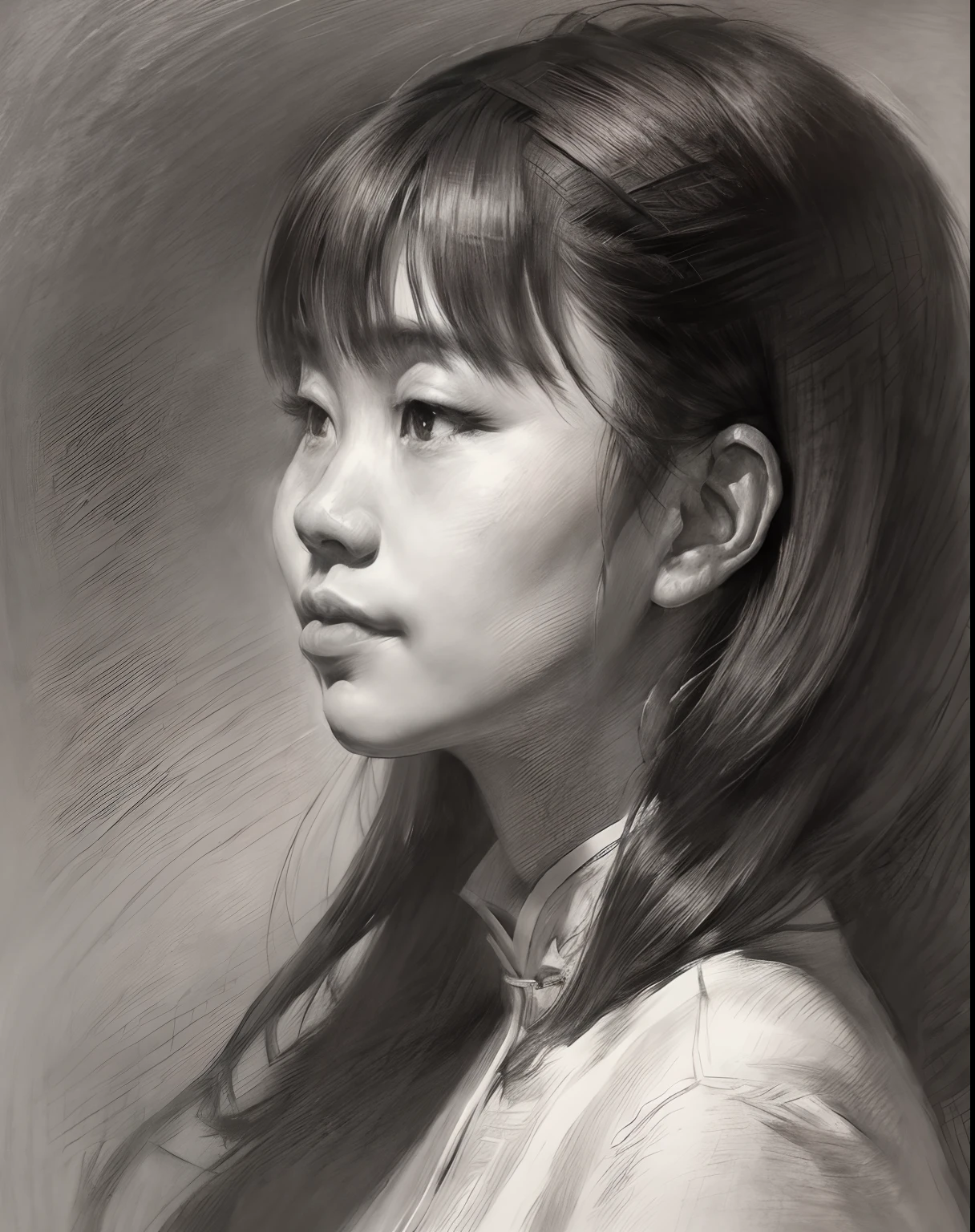 (Uma alta resolução,melhor qualidade,realista),(Retrato,personagem) 's (Menina chinesa:1.1),(vista lateral:1.1),Retrato in (Estilo clássico de carvão:1.2) com (Multar, sombras detalhadas:1.1),A imagem é (qualidade excepcional:1.2), com (linhas claras:1.1) e (tons sutis:1.1) Criar um (Fiel à vida:1.37) . a iluminação é suave， (natural:1.1), Enfatize os contornos de seu rosto，adicionando profundidade à composição geral.This artwork captures the beauty e elegance of a Chinese teenage girl,