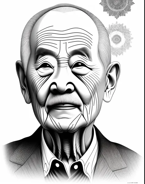 (Best quality, 4K 分辨率, highlydetailedillustrations, Black and white, Portrait sketch) Close-up portrait sketch of an 80-year-old...