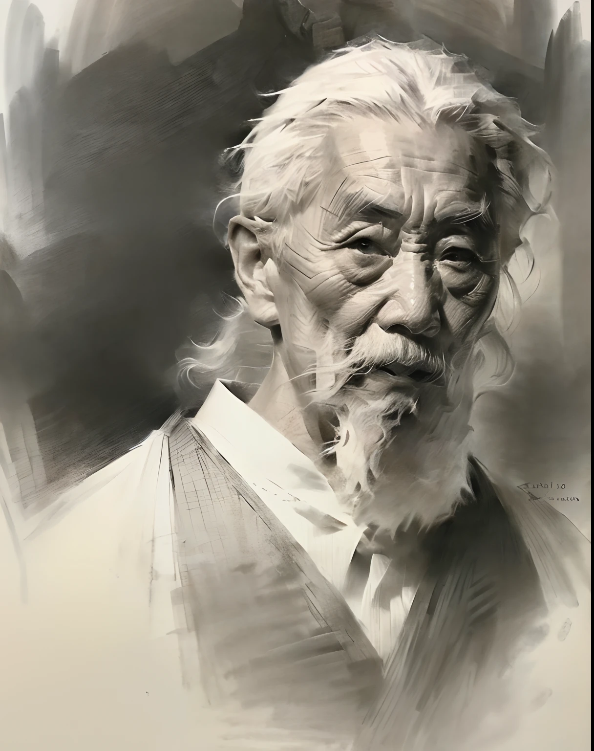 (A high resolution,Best quality,Realistic),(Portrait,Character) 's (Chinese old man:1.1),(Side view:1.1), Around (70 years old:1.1). The man has (Wrinkles:1.2) On his face, Show the mark of a better life. his (Expressive eyes),(Wise eyes:1.1) Show the depth of his experience. he had (Thick, White hair),(White hair:1.1) This adds to his noble appearance.

The portrait is in (Classic charcoal style:1.2) with (Fine, detailedshadows:1.1), Capture every single one (wrinkle:0.9) and (wrinkle:0.9) In the face of the man. Sketching techniques brought out (Texture:1.1) His skin, Make it feel three-dimensional. The background is tranquil (landscape:1.1) with (misty mountains:1.2) and (Flowing rivers:1.1), It symbolizes the wisdom and serenity that comes with age.

The image is (Exceptional quality:1.2), with (Clear's lines:1.1) and (Subtle tones:1.1) Create an (true to life:1.37) Representatives of the elderly. the lighting is subdued， (naturals:1.1), Emphasize the contours of his face，adding depth to the overall composition.

This artwork captures the beauty and elegance of an elderly Chinese man, Reveal the wisdom and stories hidden in his aged features. It's a (A touching portrayal) Celebrating China's rich history and cultural heritage.