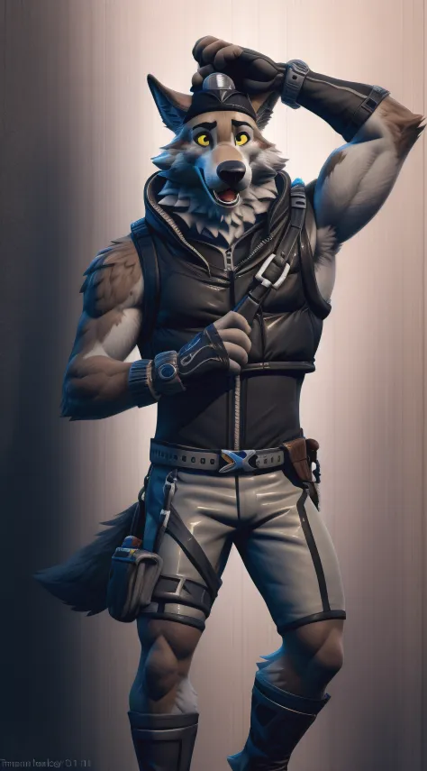 wendell, yellow sclera, tail, wolf tail,(pose:1.3), (posing:1.3), (soft shading), 4k, hi res, five fingers, detailed hands, ((detailed face, (detailed eyes:1.3), detailed)), (full body), fortnite, fortnite style, by zackarry911, by zaush, (by personalami:0.5), solo, looking at viewer, smile, open mouth, gloves, 1boy, hat, male focus, heart, teeth, sleeveless, black gloves, belt, hand up, fingerless gloves, vest, black headwear, chain, fangs, zipper, polka dot background, sleeveless jacket