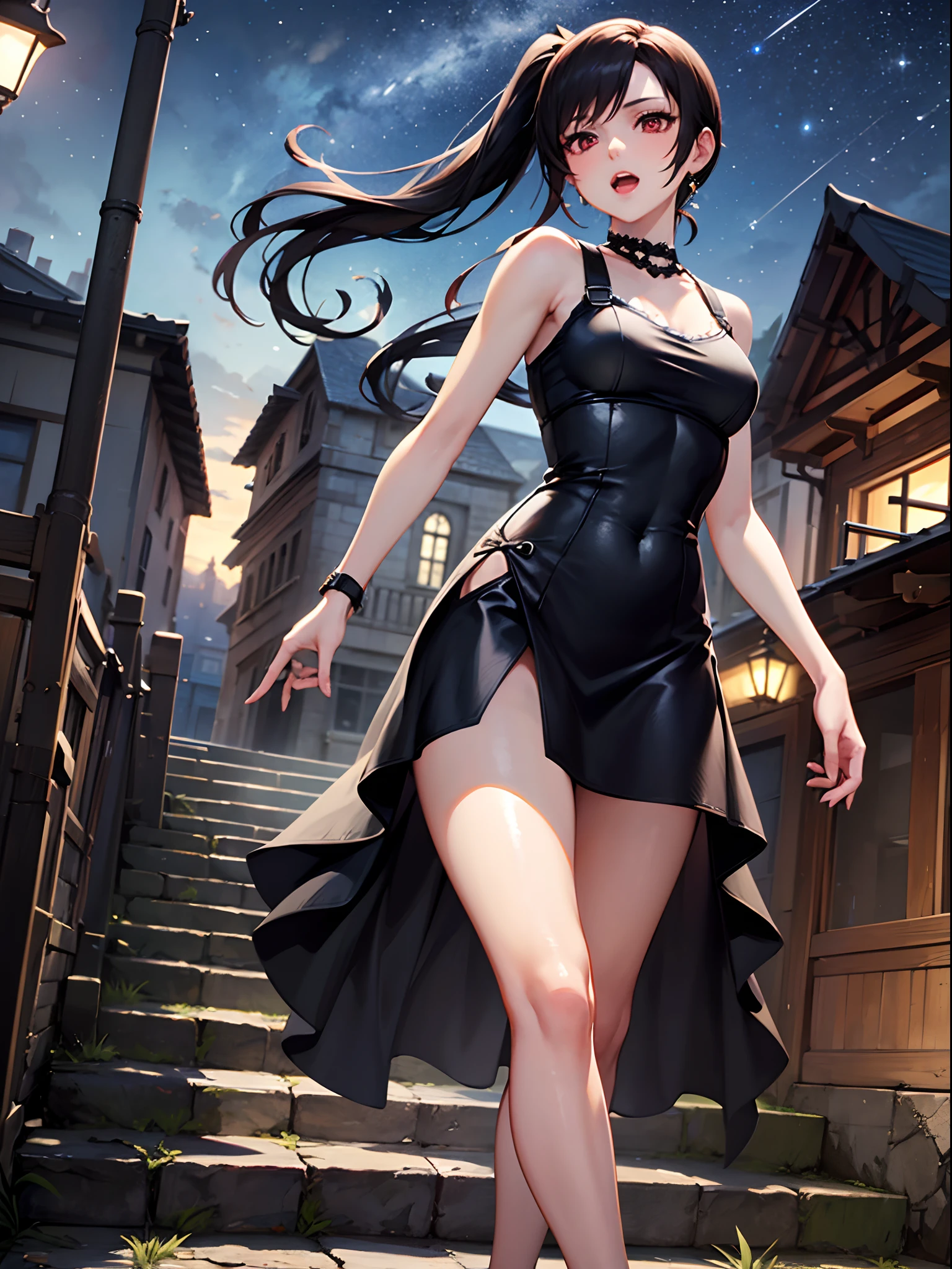 Anime girl in black dress walking down steps in front of a building -  SeaArt AI