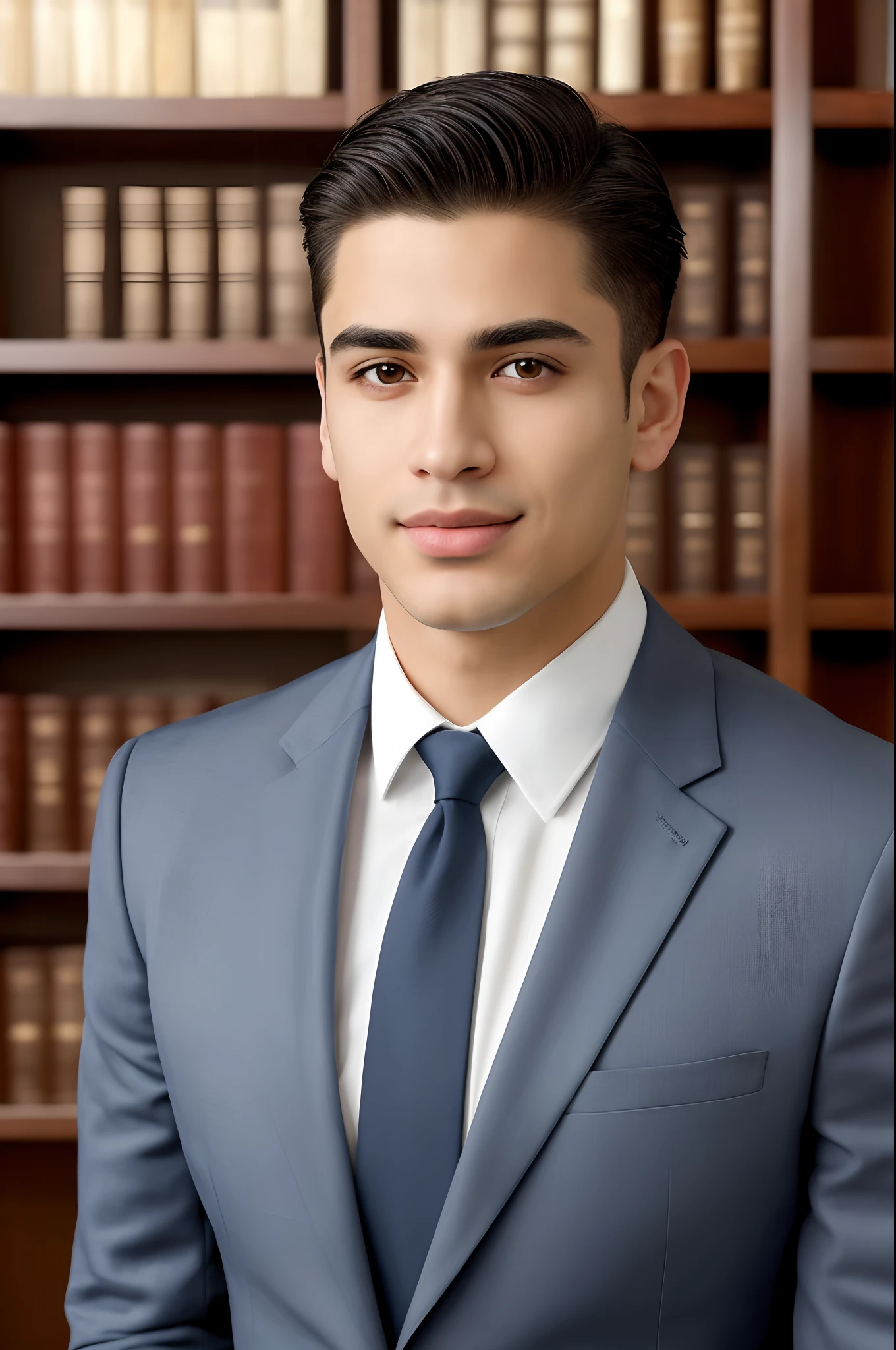 (classy, professional) portrait of a Latino lawyer, 25 years old, wearing a sophisticated suit with a perfectly tailored tie. He has a confident and determined expression on his face, showing his expertise and experience in the legal field. The portrait is done in a realistic and photorealistic style to capture every detail of the lawyer's features, including his beautifully detailed eyes, well-defined eyebrows, and clean-shaven face. The lighting is soft and dramatic, highlighting the lawyer's sharp and intelligent gaze. The background is a modern law firm office with shelves filled with law books, adding to the professional atmosphere. The colors are rich and warm, with a touch of blue tones to evoke a sense of trust and authority. The overall quality of the image is of the highest resolution, with ultra-fine painting details and vivid colors to create a stunning masterpiece.