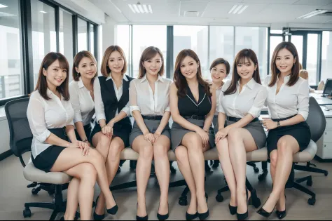 ((Best Quality, 8k, Masterpiecedetails, ultra-high resolution)), (group picture)(looking at the viewer), (full shot:), attractive business 5 milfs, 5 people, a bit chubby:0.25, white collared shirt, grey skirt, (sitting with cross legs on office desks)), s...