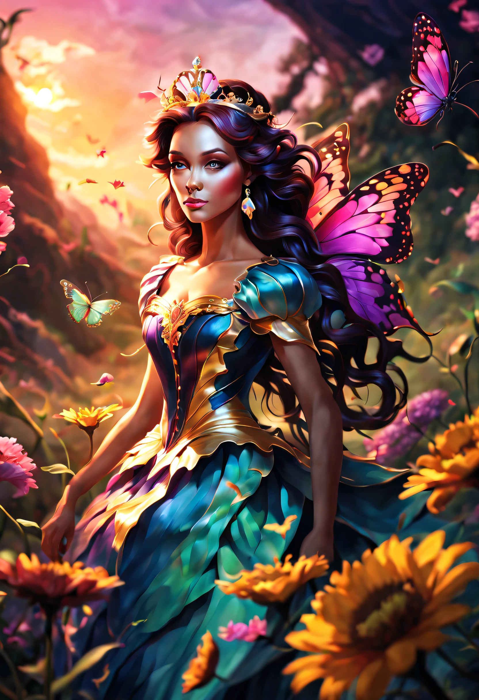 (best quality, 4k, 8k, high resolution, masterpiece: 1.2), (beautiful butterfly queen:1.32) and ultra detailed, long wings, vibrant and colorful, butterflies, majestic patterns, royal, regal, elegant and detailed, delicate, ethereal, iridescent. , shimmering, graceful, enchanting, fluttering, floating, luminous, mythical, fantasy, magical, enchantment, surreal, lush, blooming, vibrant garden, sun kissed, sunlit, soft, dreamy, golden rays of light, flowers bright, radiant and brilliant, harmonious, peaceful, calm, serene, fascinating, captivating.