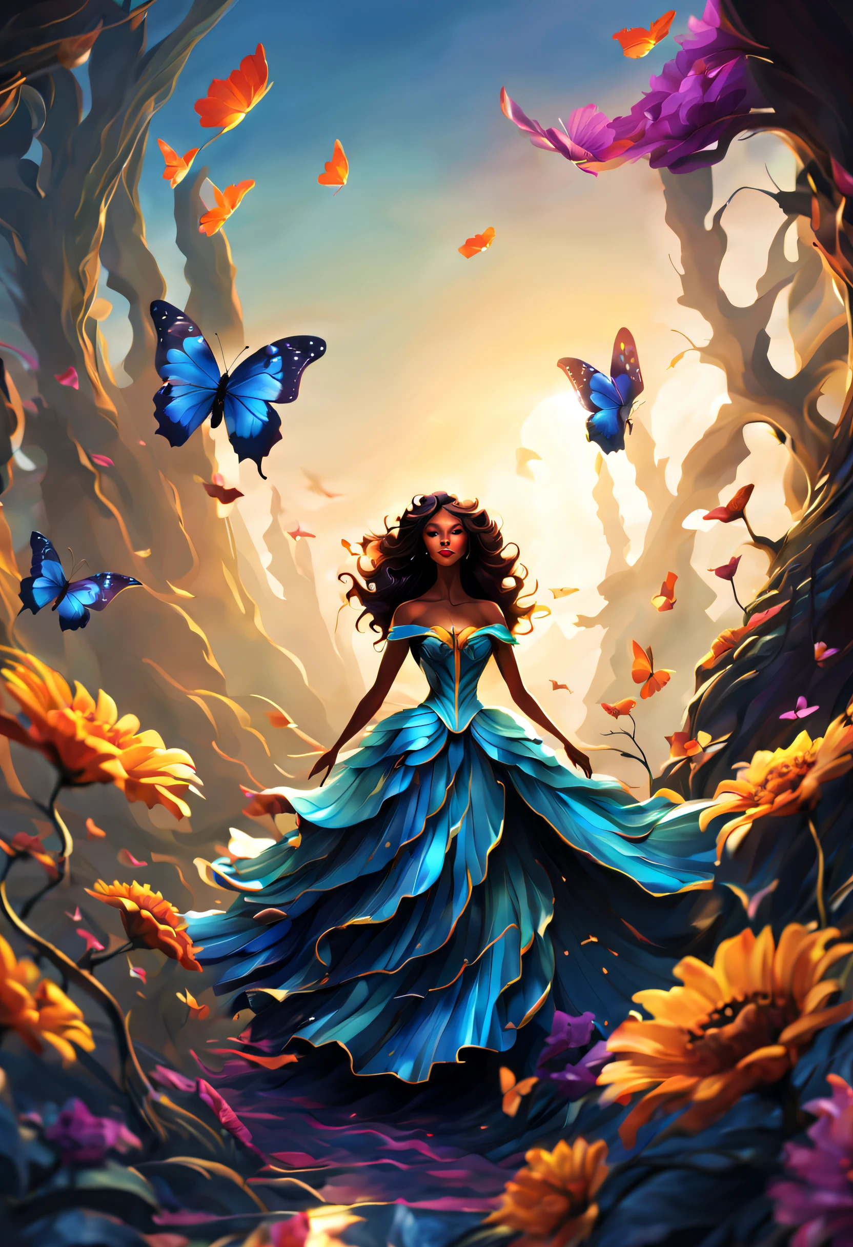 (best quality, 4k, 8k, high resolution, masterpiece: 1.2), (beautiful butterfly queen:1.32) and ultra detailed, long wings, vibrant and colorful, butterflies, majestic patterns, royal, regal, elegant and detailed, delicate, ethereal, iridescent. , shimmering, graceful, enchanting, fluttering, floating, luminous, mythical, fantasy, magical, enchantment, surreal, lush, blooming, vibrant garden, sun kissed, sunlit, soft, dreamy, golden rays of light, flowers bright, radiant and brilliant, harmonious, peaceful, calm, serene, fascinating, captivating.