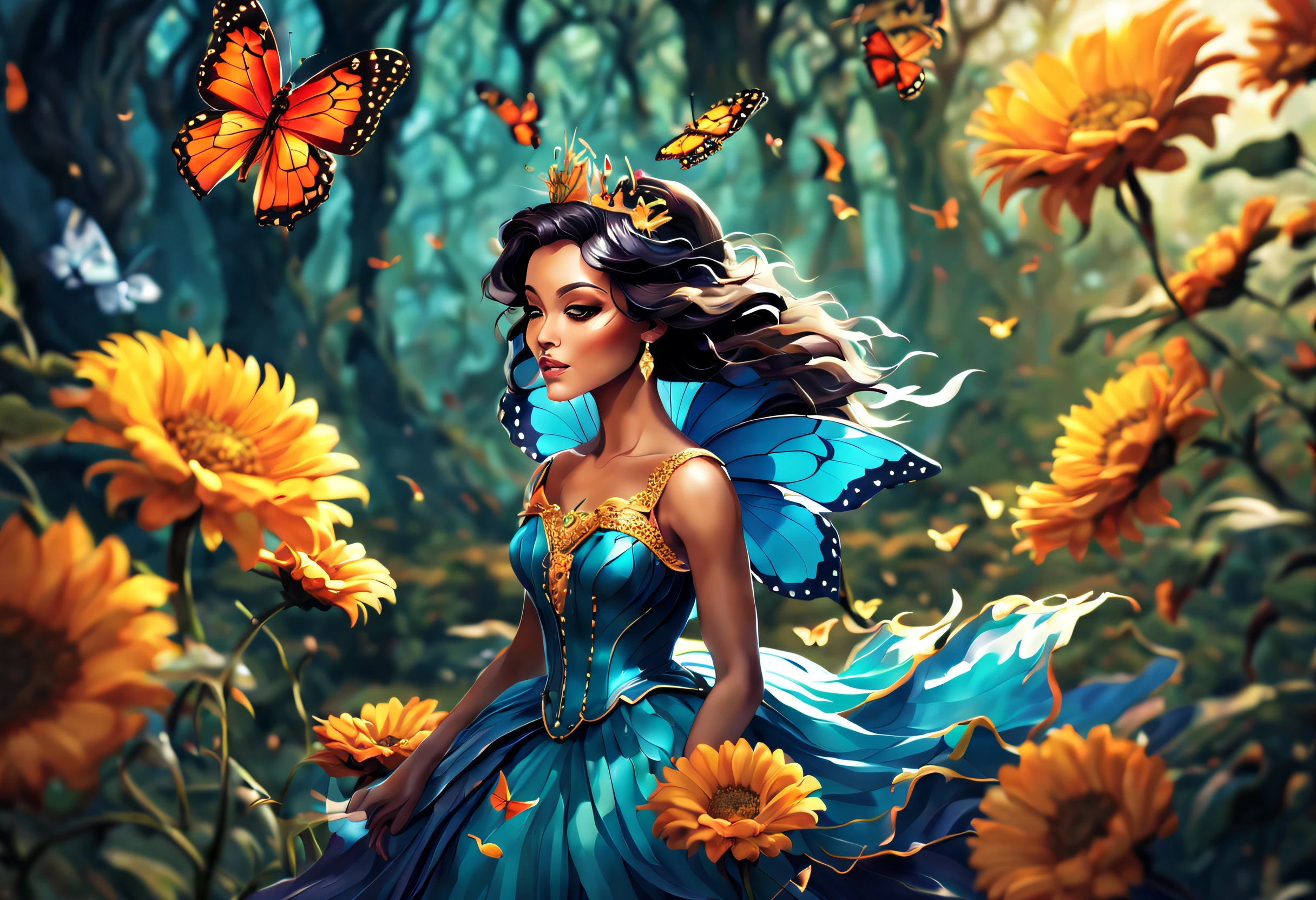 (best quality, 4k, 8k, high resolution, masterpiece: 1.2), (beautiful butterfly queen:1.32) and ultra detailed, long wings, vibrant and colorful, butterflies, majestic patterns, royal, regal, elegant and detailed, delicate, ethereal, iridescent. , shimmering, graceful, enchanting, fluttering, floating, luminous, mythical, fantasy, magical, enchantment, surreal, lush, blooming, vibrant garden, sun kissed, sunlit, soft, dreamy, golden rays of light, flowers bright, radiant and brilliant, harmonious, peaceful, calm, serene, fascinating, captivating.