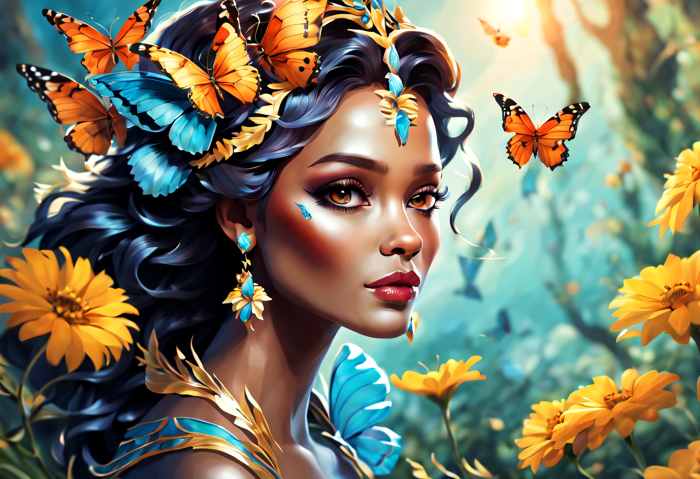 (best quality, 4k, 8k, high resolution, masterpiece: 1.2), (beautiful butterfly queen:1.32) and ultra detailed, long wings, vibrant and colorful, butterflies, majestic patterns, royal, regal, elegant and detailed, delicate, ethereal, iridescent. , shimmering, graceful, enchanting, fluttering, floating, luminous, mythical, fantasy, magical, enchantment, surreal, lush, blooming, vibrant garden, sun kissed, sunlit, soft, dreamy, golden rays of light, flowers bright, radiant and brilliant, harmonious, peaceful, calm, serene, fascinating, captivating.