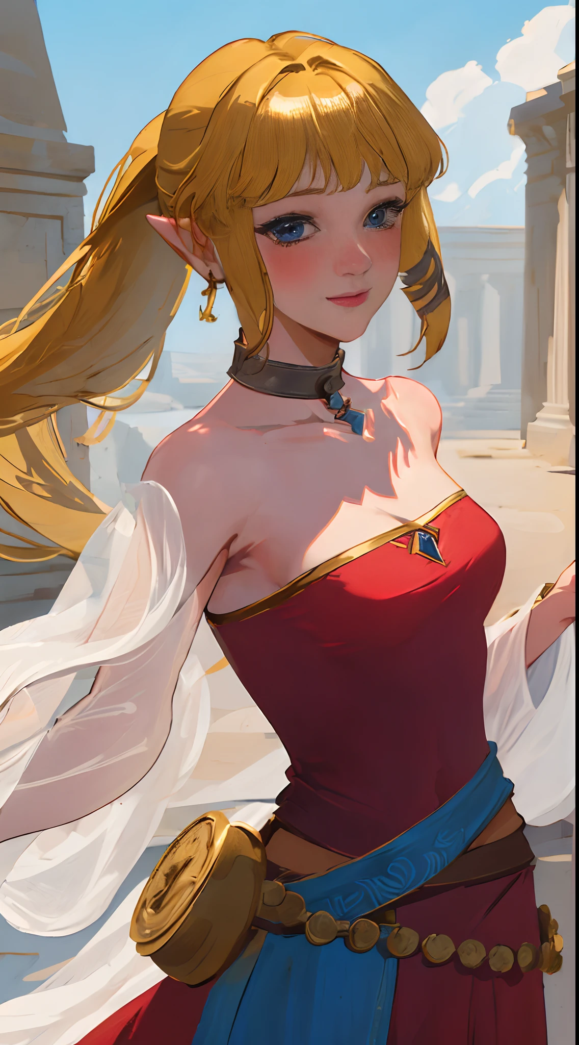 (adult:1.6)(25 years old:1.7)(masterpiece, best quality:1.2), 1girl,solo,(looking at viewer), princess, Zelda, red theme, long strapless dress, blonde hair, bare shoulders, blue eyes, palace, cowboy shot, ponytail,(blushing), (collar), (smiling:0.8),(see-through:0.3)(eyes open:1.3),(excited:0.4)(surprised:0.5)(affectionate:0.6)