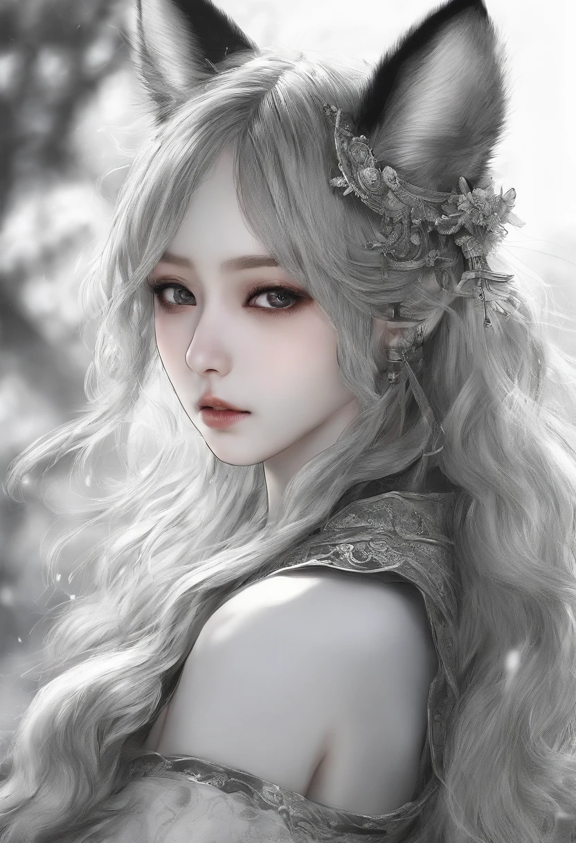 sketching，pencil drawing，Pencil strokes，Fox-eared maiden，Pavilions，Fairy air fluttering，Chinese ancient style，Wide robe，Black and white picture，Black and white art，Black and white illustration，super-fine，Hair is carefully described，The eyes are carefully depicted，best qualtiy，8K resolution