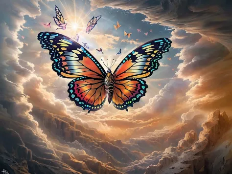 a picture of an epic butterfly flying in the sky (best details, Masterpiece, best quality :1.5), butterfly_wings, cloudy skies background, an epic butterfly (best details, Masterpiece, best quality :1.5) extremely detailed butterfly, butterfly_wings, wings...