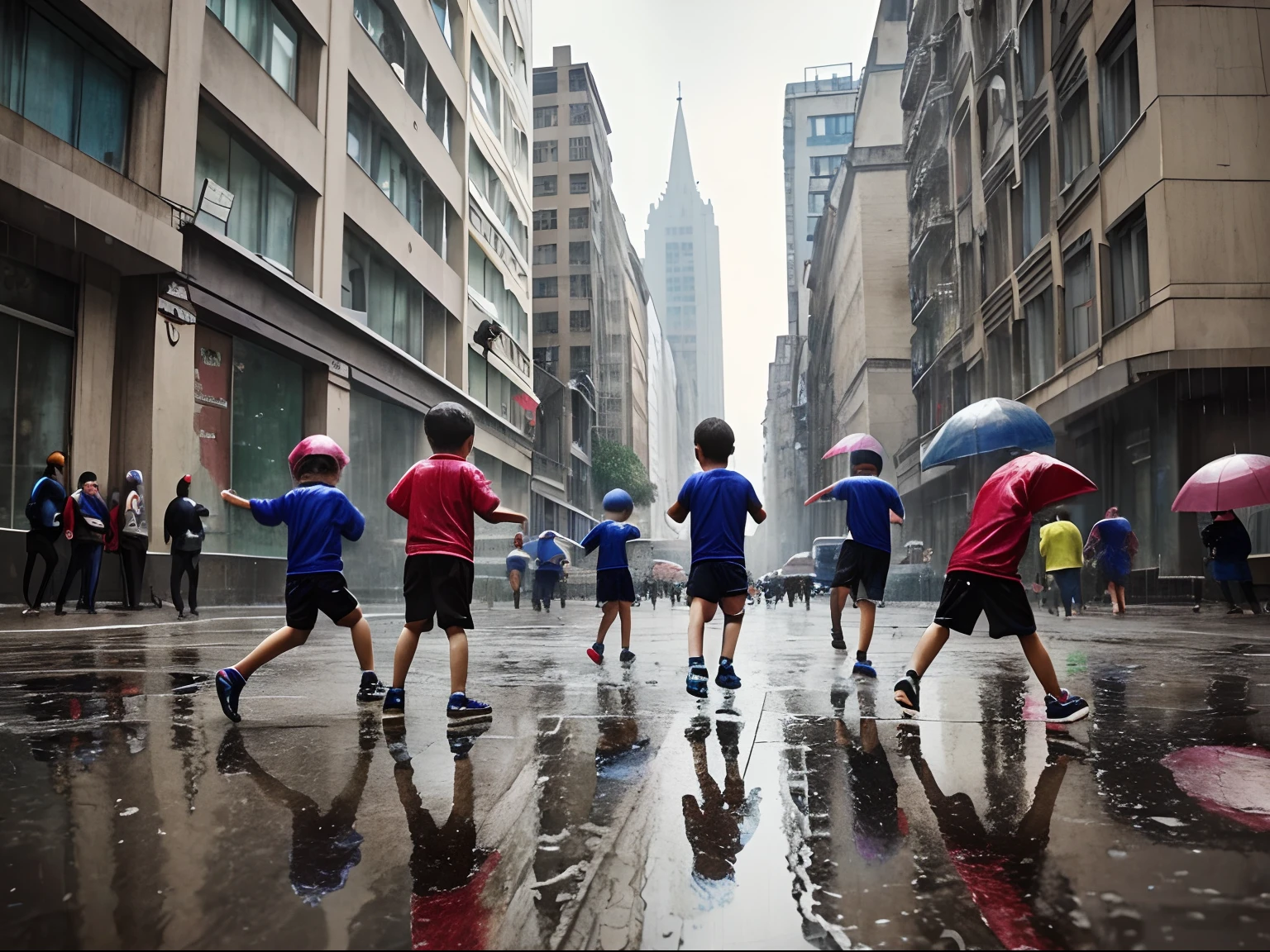 A group of kids enthusiastically playing soccer on the streets of a big city, under the rain, glitch mirror effect  in the floor water, Dye transfer print image 1950 artwork style, Ernst Hass and Marie Cosindas inspiration