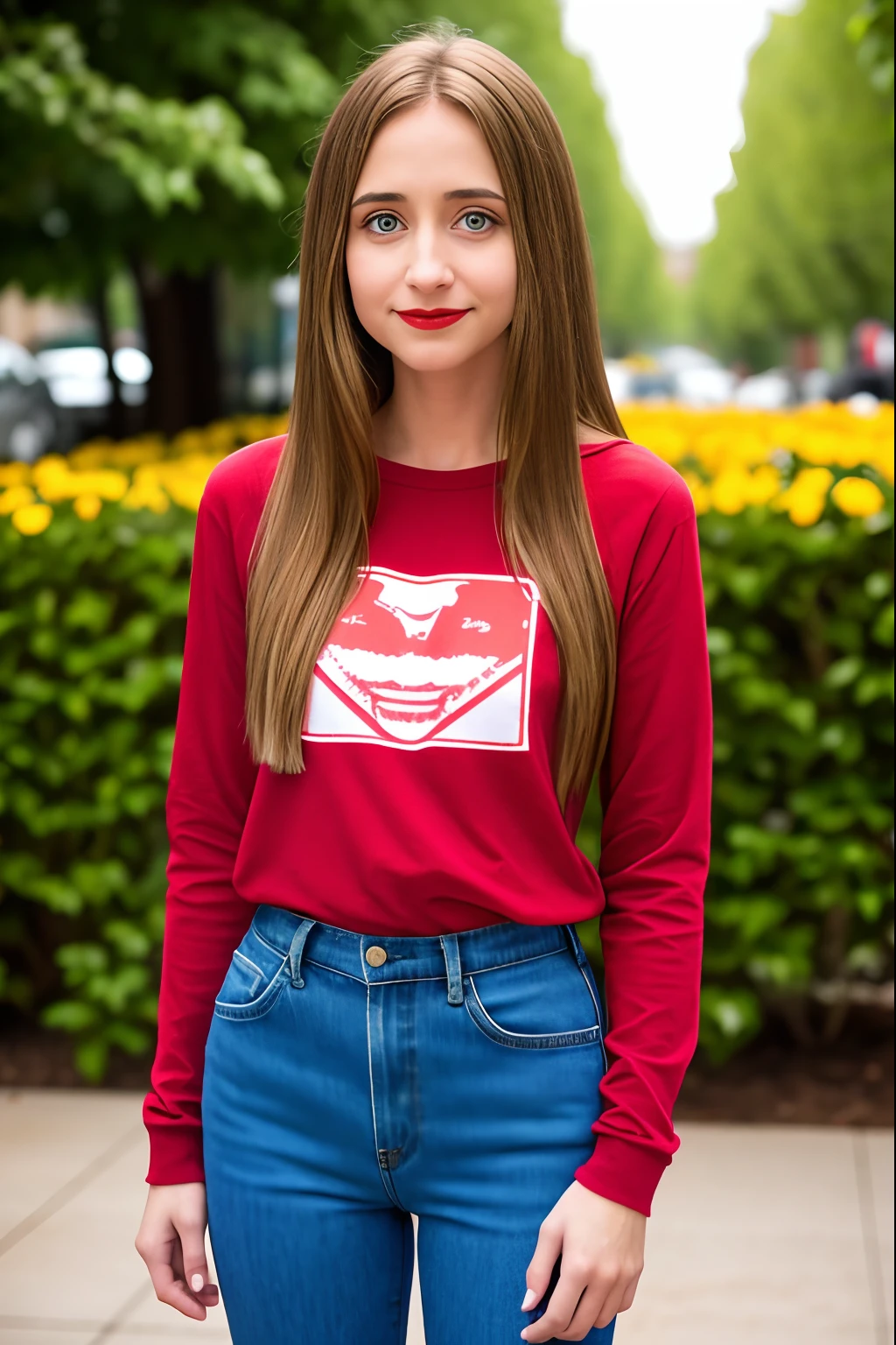 A woman in a red shirt and blue jeans posing for a picture - SeaArt AI