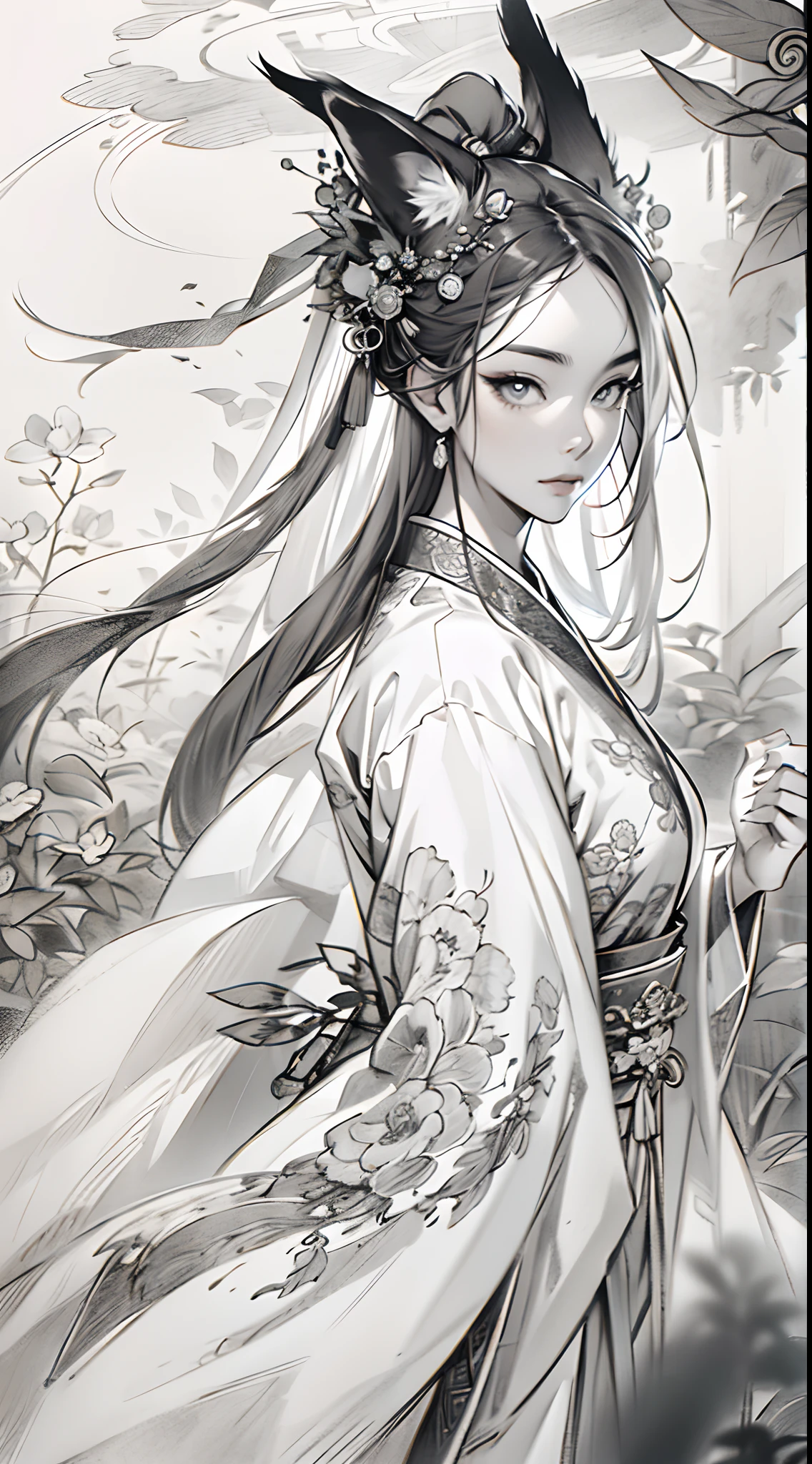 Sketch intensification，pencil drawing，Pencil strokes are strengthened，Fox-eared maiden，Pavilions，Fairy air fluttering，Chinese ancient style，Wide robe，Black and white picture，Black and white art，Black and white illustration，super-fine，Hair is carefully described，The eyes are carefully depicted，best qualtiy，8K分辨率