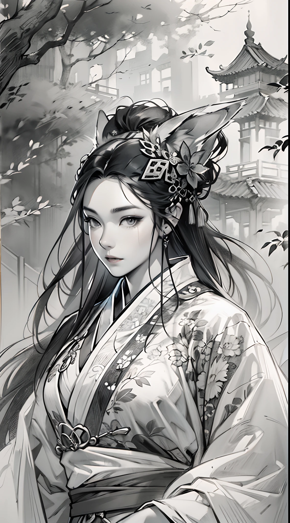 Sketch reinforcement，pencil drawing，Intensify pencil strokes，Fox-eared maiden，Pavilions，Fairy air fluttering，Chinese ancient style，Wide robe，Black and white picture，Black and white art，Black and white illustration，super-fine，Hair is carefully described，The eyes are carefully depicted，best qualtiy，8K分辨率