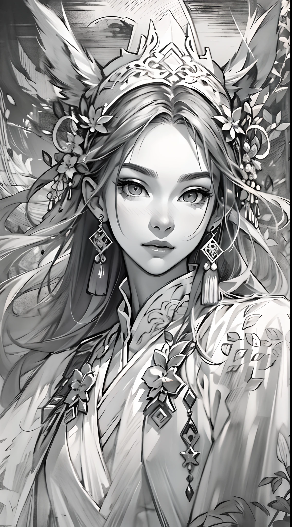 Sketch reinforcement，pencil drawing，Intensify pencil strokes，Fox-eared maiden，Pavilions，Fairy air fluttering，Chinese ancient style，Wide robe，Black and white picture，Black and white art，Black and white illustration，super-fine，Hair is carefully described，The eyes are carefully depicted，best qualtiy，8K分辨率