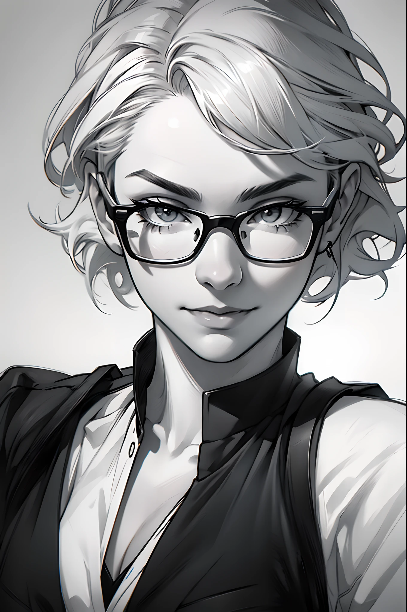 Sketch reinforcement，pencil drawing，Intensify pencil strokes，Portrait of a young woman，short detailed hair，ssmile，Professional Dress，eye glass，Black and white picture，Black and white art，Black and white illustration，super-fine，Hair is carefully described，The eyes are carefully depicted，best qualtiy，8K分辨率