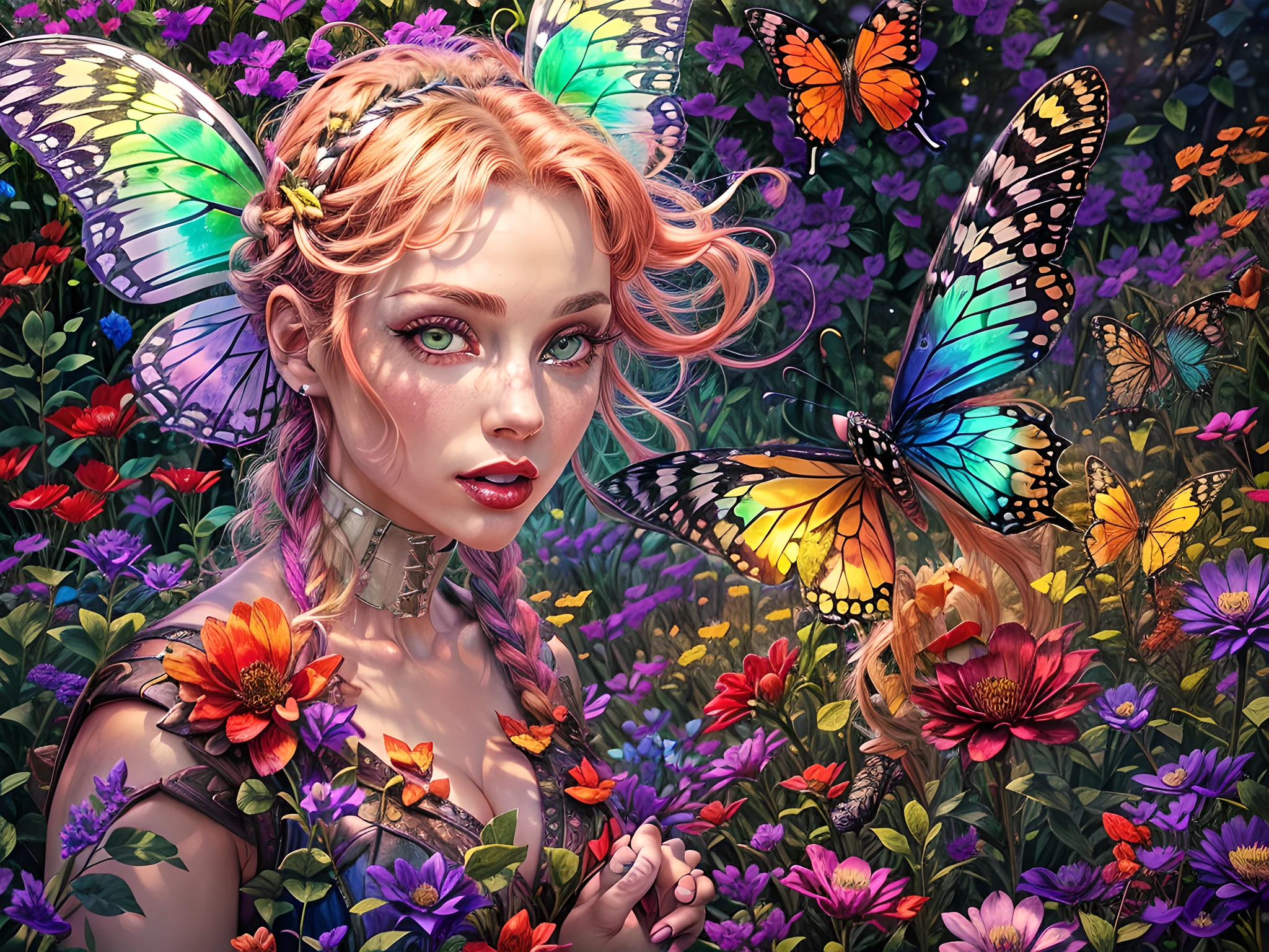 fantasy art, RPG art, picture of a  (butterfly anthromorphic: 1.5  resting in a rainbow colored flower meadow, full body, an exquisite beautiful (ultra detailed, Masterpiece, best quality: 1.4) butterfly anthromorphic: 1.5, dynamic angle (best detailed, Masterpiece, best quality), best detailed face (best detailed, Masterpiece, best quality: 1.5), ultra feminine (best detailed, Masterpiece, best quality), (white butterfly wings: 1.3)  butterfly_wings, red hair, long hair, braided hair, dynamic eyes color, (wearing latex corset: 1.4), red corset, (black high heeled boots: 1.4), resting in (rainbow colored flower meadow: 1.6), full colored, (perfect spectrum: 1.3),( vibrant work: 1.4) vibrant shades of red, orange, yellow, green, blue, indigo, violet  day light, sun rising,  high details, fantasy art, RPG art best quality, 16k, [ultra detailed], masterpiece, best quality, (ultra detailed), full body, ultra wide shot, photorealistic,