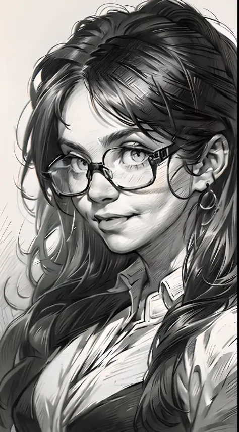 sketching，pencil drawing，Intensify pencil strokes，Portrait of a Young Woman，longwavy hair，ssmile，Professional Dress，eye glass，Bl...