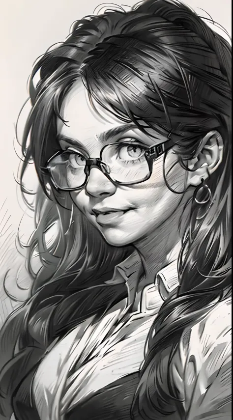 sketching，pencil drawing，intensify pencil strokes，portrait of a young woman，longwavy hair，ssmile，professional dress，eye glass，bl...