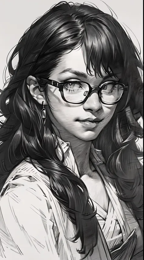 sketching，pencil drawing，intensify pencil strokes，portrait of a young woman，longwavy hair，ssmile，professional dress，eye glass，bl...