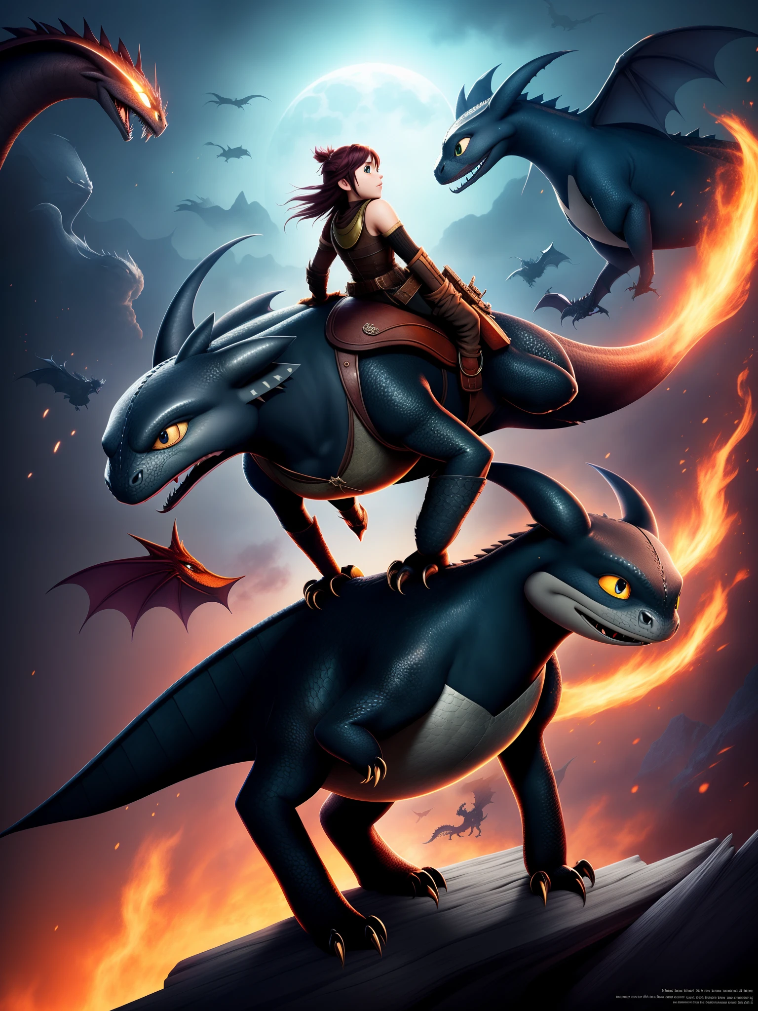 A girl riding on top of a dragon with fire in the background - SeaArt AI