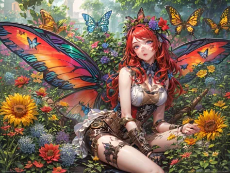 steampunk rt, RPG art, picture of a  (mecha butterfly anthromorphic: 1.5  resting in a rainbow colored flower meadow, full body,...