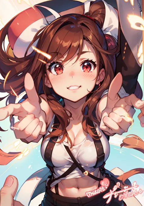 Smile, blush, cleavage, ,brown hair, red eyes, red fingerless gloves, white tank top, glowing aura, natural light, masterpiece, ...