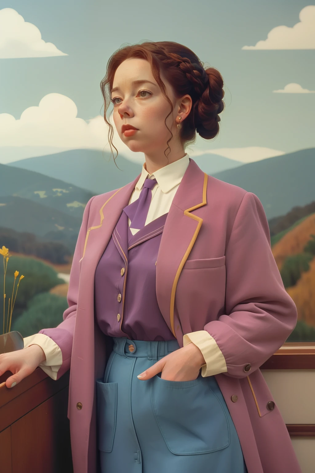 1995, massachusetts mountain village. Pre-raphaelite ((((40-year-old)) Olivia Colman)), doctor, going to work, ((((casual Clothing from the 1990s)))) ((Hairstyle of the 1990s)), ((Wes Anderson cinematic style)), colorful