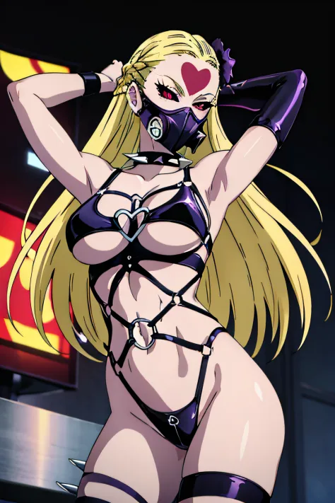 Masked_KaijinHimeDo-S_ownwaifu, www.ownwaifu.com, kaijin_hime_do-s, 1girl, long hair, blonde hair, mask, breasts, heart, red eyes, spiked collar, large breasts, spikes, facial mark, forehead mark, colored sclera, black sclera, hair ornament, hair flower, m...