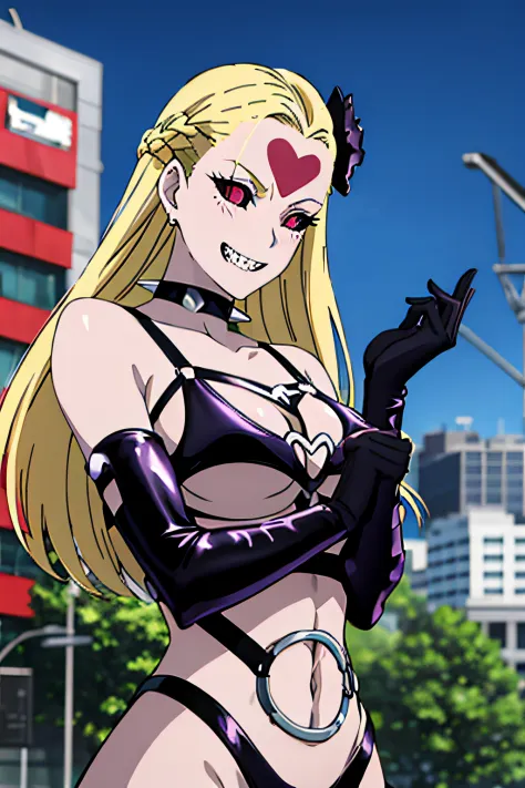 UnMasked_KaijinHimeDo-S_ownwaifu, www.ownwaifu.com, kaijin_hime_do-s, 1girl, glasgow_smile, tongue, tongue out, sharp teeth, long hair, blonde hair, breasts, heart, red eyes, spiked collar, large breasts, spikes, facial mark, forehead mark, colored sclera,...