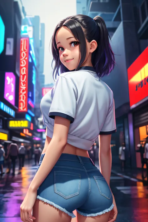 masterpiece, best quality, half body, portrait, night city, 1girl, ((jenna ortega)), anime, 3d, pixar, realistic, teen girl, smi...