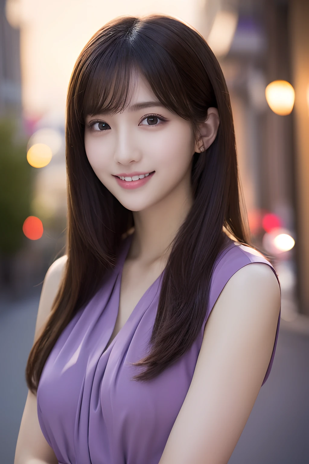 1girl in, (Wearing a purple blouse:1.2), (Raw photo, Best Quality), (Realistic, Photorealsitic:1.4), masutepiece, Extremely delicate and beautiful, Extremely detailed, 2k wallpaper, amazing, finely detail, the Extremely Detailed CG Unity 8K Wallpapers, Ultra-detailed, hight resolution, Soft light, Beautiful detailed girl, extremely detailed eye and face, beautiful detailed nose, Beautiful detailed eyes, Cinematic lighting, city light at night, Perfect Anatomy, Slender body, Smiling