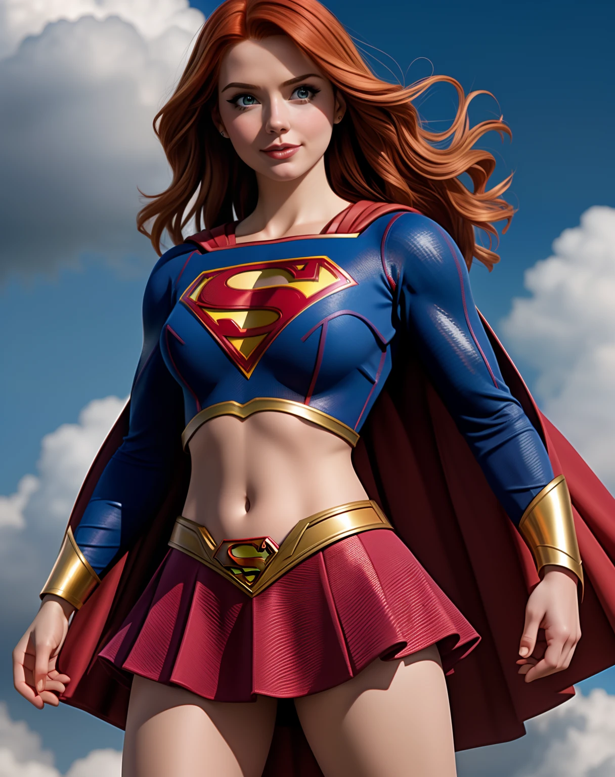 a woman in a superman costume posing for a picture, supergirl, beautiful ginger redhead woman as supergirl, textless, anime visual of supergirl, superhero portrait, amouranth as a super villain, super-hero girl, dinah drake, closeup shot, closeup photo, female superhero proportions, superhero, closeup photograph, superhero body, comic book character, publicity cosplay