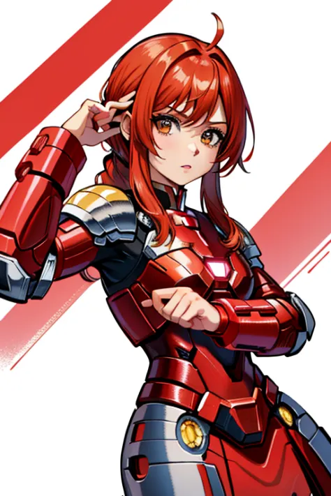 Chibi Hair Red Medium Straight White Girl Wearing Red Metallic And Yellow Metallic Armor Female Iron Man with White Background a...