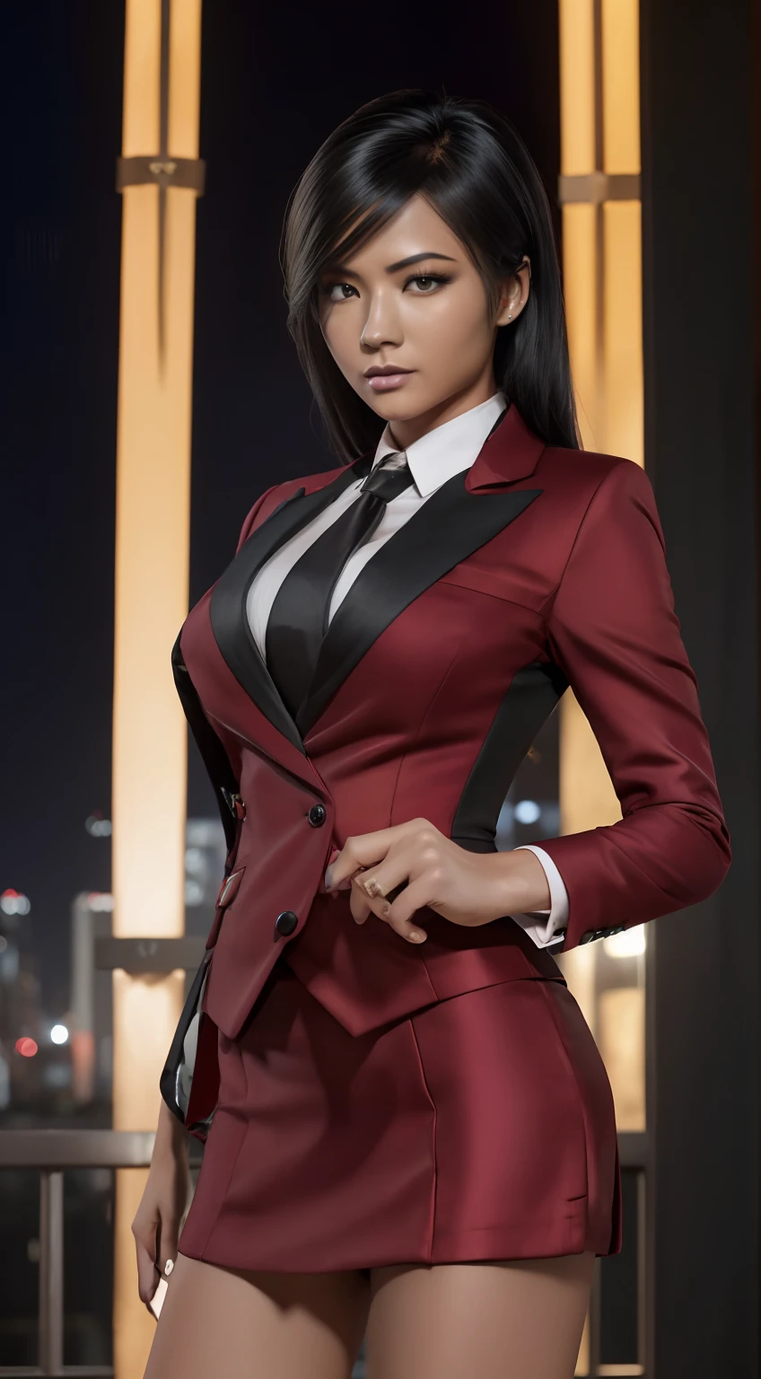 (A beautiful 25 years old Asian Hitwoman), (wolfcut black hair), (pale skin), (serious face), skirt suit, (((three-piece suit))), (((dress shirt))), (((necktie))), blazer, (((red suit jacket))), black shiny lapel (((waistcoat))), double-breasted waistcoat, (((bodycon miniskirt))), pencil skirt, tights, pantyhose, pocket square, tie clip, cufflinks, (city at night background), view from front, waist up shot, dynamic pose, ambient lighting, photo realism, intricate face detail, intricate hand details, highly detailed, vibrant colors, cinematic, high definition, trending on Artstation--style raw, on hands and knees, , aroused,