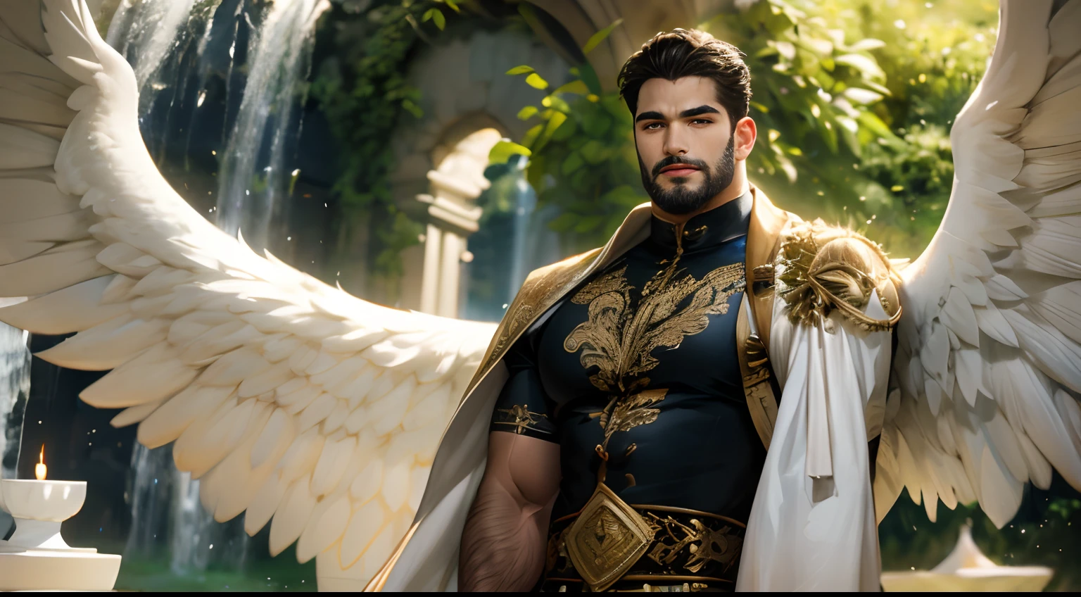 Only 1 protagonist character. Handsome man, LatinLover OC, mulatto skin, attractive feature, skin tone tan, dark blue eyes, masculine expression, big wings coming with back, two white wings of angel, anatomically correct huge wings. Man with muscular fitness, man medium-long haircut, black brown hairstyle, small beard, white clothing, casual outfit, anatomically correct, full body tattoo, environment: Magic fantasy green forest, posture: masculine and relaxed