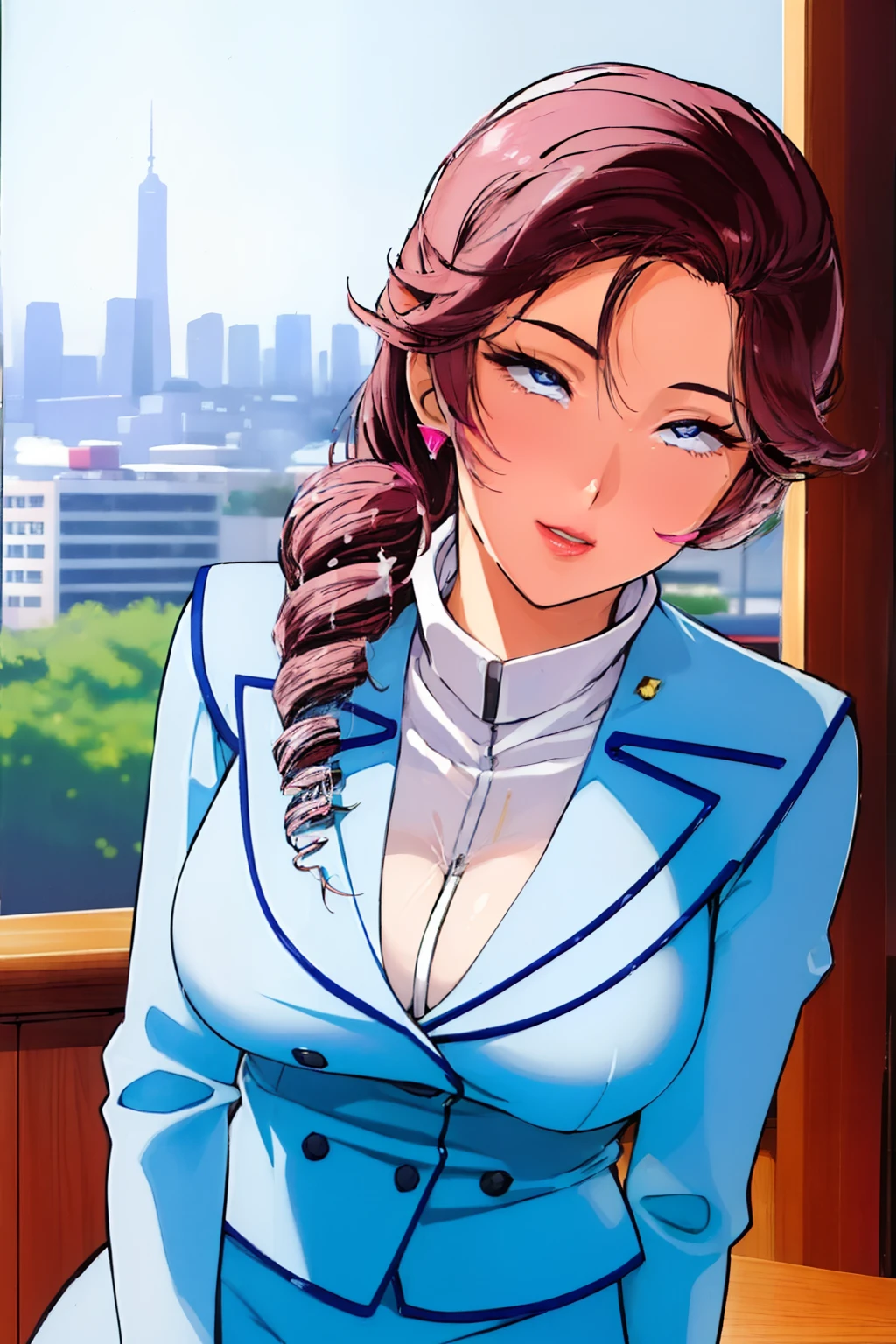 (natta:1.7), jpn, TOKYOcty, CityView, In front of the window,
Call attention、
Blue suit、pencil skirts、White collar、makeup、long-sleeve、
pink earring、jewely、lipsticks、
blue eyess、drill hair、brown haired、a closed mouth、single braid、
1 girl in、24 year old、a matural female、Beautiful Finger、beautiful long leg、Beautiful body、Beautiful Nose、Beautiful character design、perfect  eyes、face perfect、
looking at viewerer、In the center of the image、
NSFW、Official Art、the Extremely Detailed CG Unity 8K Wallpapers、Perfect litthing、colourfull、Bright_Front_face_Lighting、
(​masterpiece:1.0)、(best_quality:1.0)、超A high resolution、4K、The ultra-detailliert、
photo shot、8K、HDR、hight resolution、absurderes:1.2、Kodak portra 400、film grains、blurry backround、bokeh dof:1.2、lensflare、(vibrant_color:1.2)
(Beautiful fece,large_Breasts:1.4), (beautiful_face:1.5),(narrow_waist),red blush:1.3、covered in cum