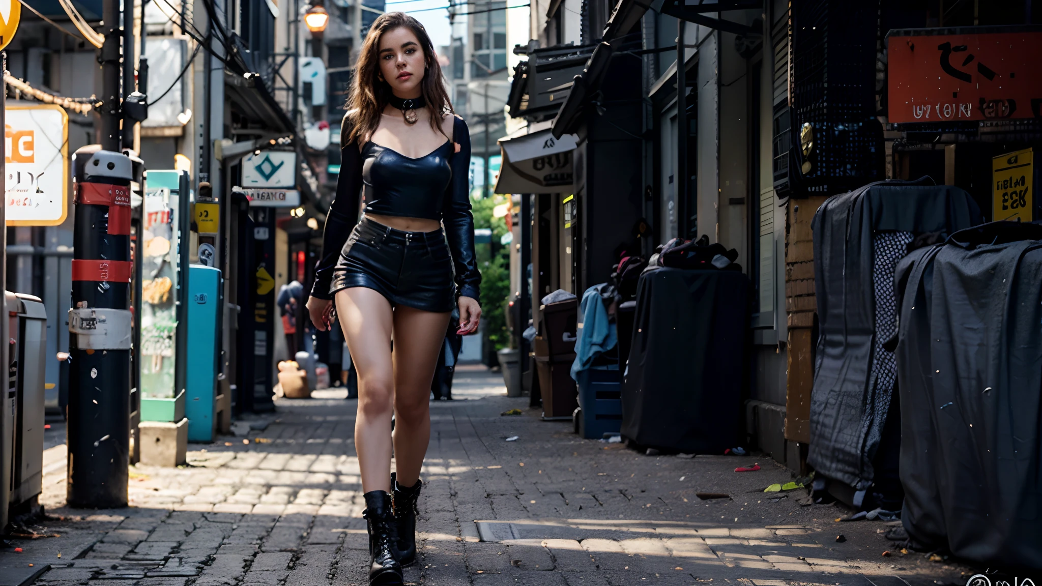 Araffe woman walking down a narrow alley with a black top - SeaArt AI