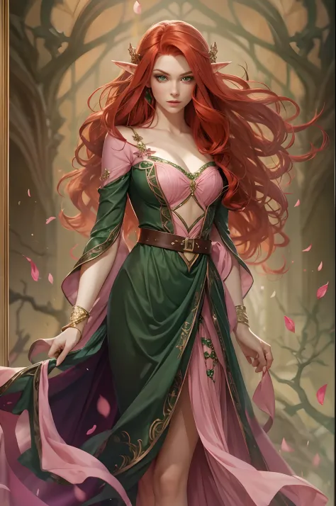 adult, beautiful, redhead, side part hairstyle, dark green eyes, pink dress, elf, sorcerer, fantasy, haunted