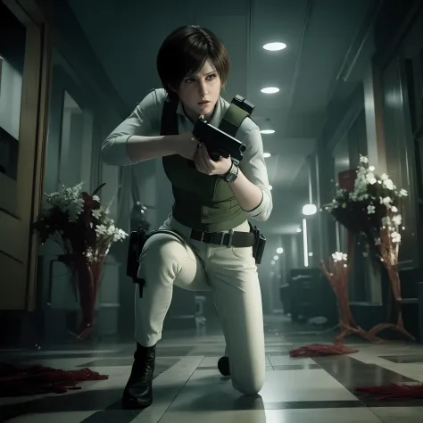 4K, HD, ( Rebecca Chambers 40 years old)), beautiful face, glare, bob hair, perfect Face, white jeans, green vest, black nail polish, Serious expression