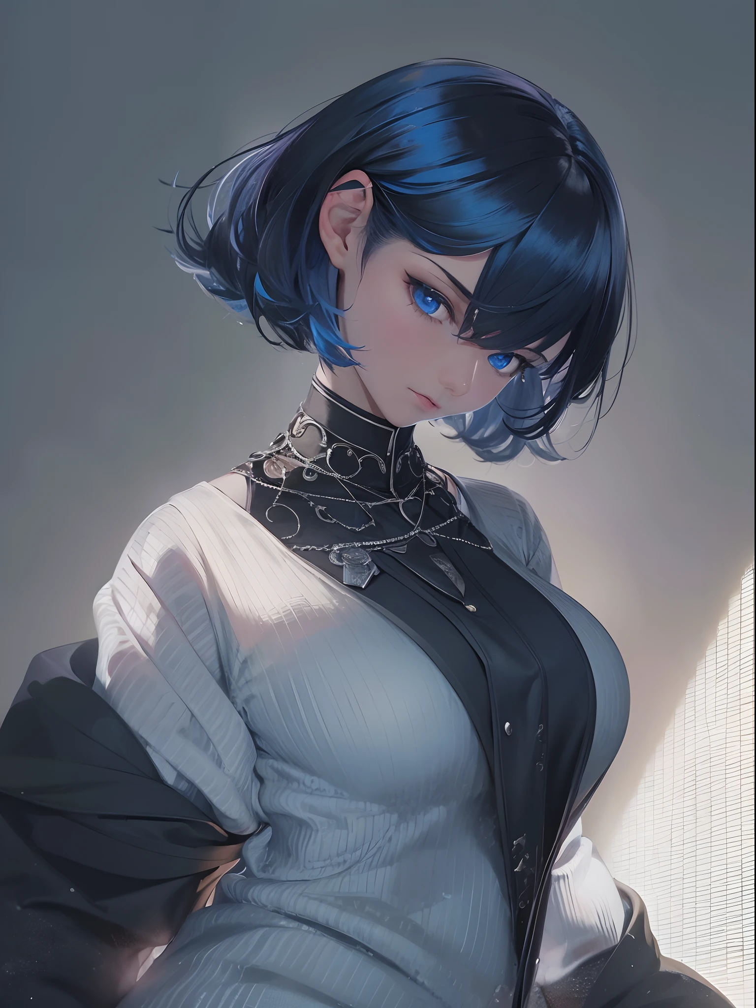 top-quality, masterpiece, low angle shot, dark blue hair, blue Eyes, black clothes, looking down to veiwer, The upper part of the body, Short bob and long tail, light skinned.