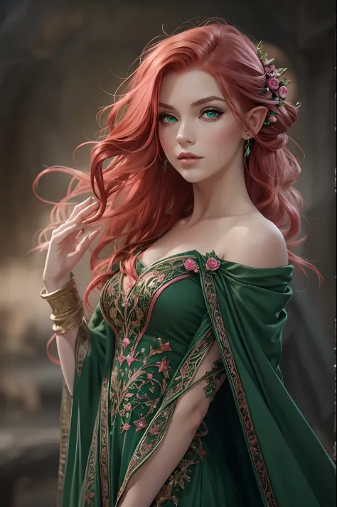 adult, beautiful, redhead, side part hairstyle, dark green eyes, pink dress, elf, sorcerer, fantasy, magical