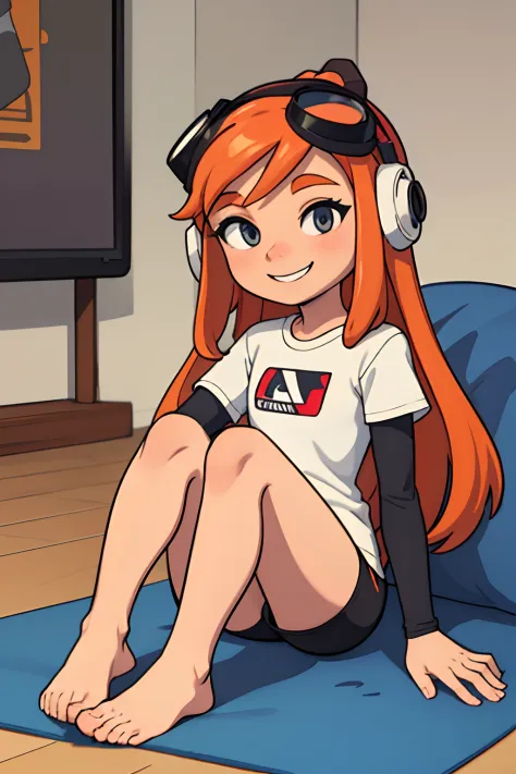 masterpiece, best quality, meggy, headphones, goggles on head, white shirt, layered sleeves, spandex shorts, barefoot, no shoes, perfect feet, full body, smile, sitting in living room playing video games