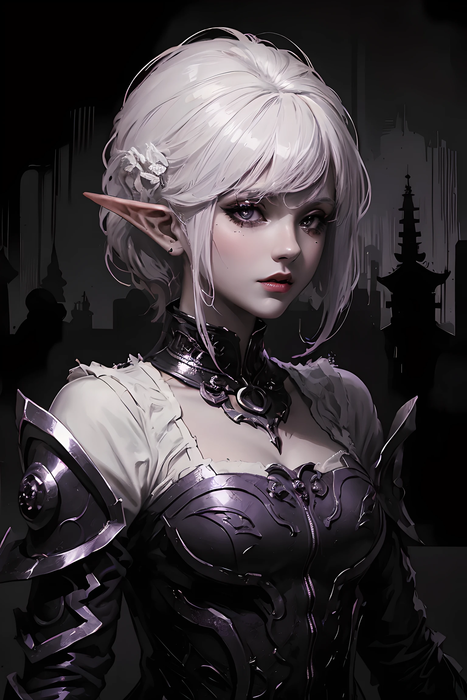 (dark fantasy:1.3), (black and purple theme:1.3), (dark theme:1.3), (in the dark:1.3), (1dark elf:1.3), solo, portrait of extremely pretty and cool beauty female dark elf, wearing a dark gothic dress, in front of Japanese Temple Torii, Torii, ruined temple, dark forest, magic, fantasy, fog, smog, steam, light veil, front view,