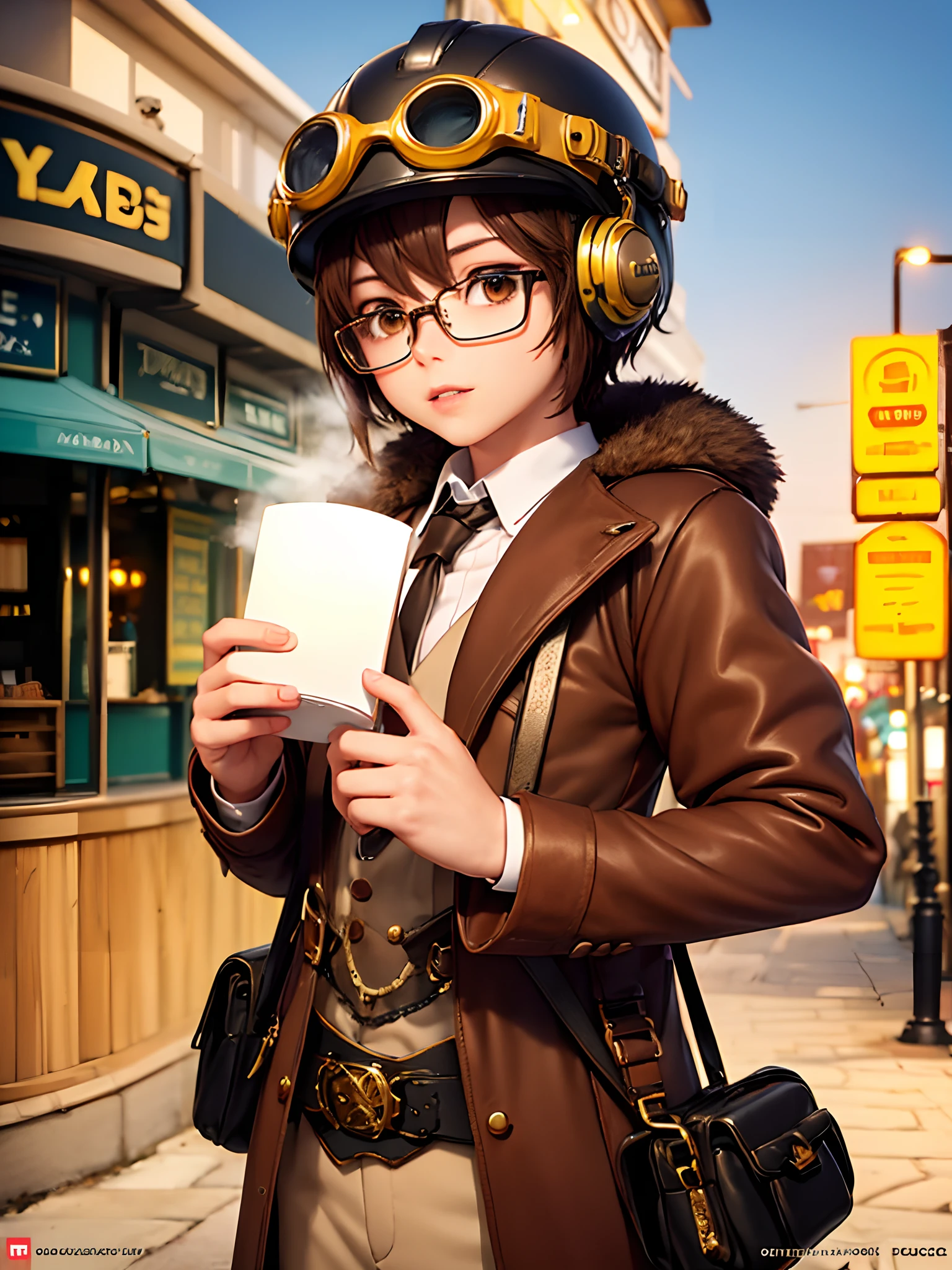 Fille dans un scaphandre de style steampunk, Il a les cheveux bruns coupés, des lunettes ringardes trempées dans la vapeur et porte un casque de plongée dans ses mains., je viens de sortir de l&#39;eau, Au fond, on aperçoit le port d&#39;où il vient de sortir, plein de lumières et de conteneurs.