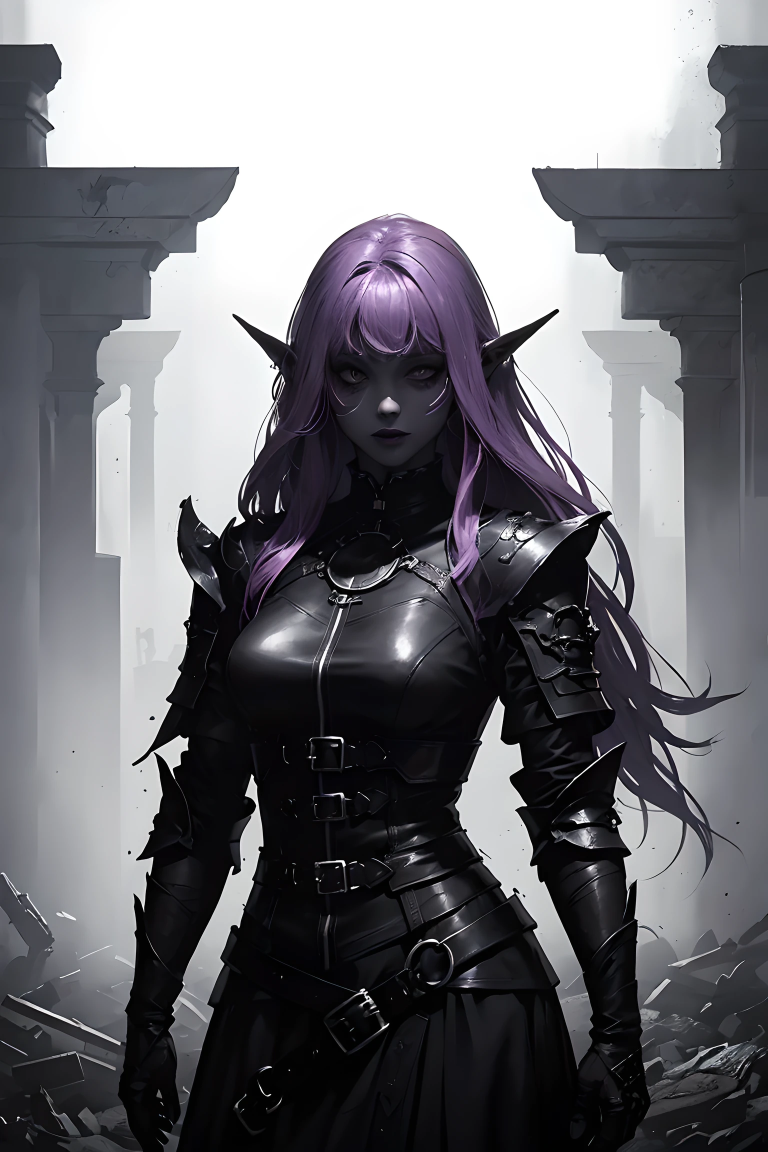 (dark fantasy:1.3), (black and purple theme:1.3), (dark theme:1.3), (in the dark:1.3), (1dark elf:1.3), solo, portrait of extremely pretty and cool beauty female dark elf, wearing a dark gothic dress, in front of Japanese Temple Torii, Torii, ruined temple, dark forest, magic, fantasy, fog, smog, steam, light veil, front view,