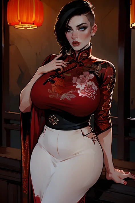 ch3rryg1g, ((Masterpiece)), ((ultraHD)), Women, ((Chinese)), ((Asian)), plump lips, Red lipstick, Elegant, black hair, unruly shaved side mohawk, mascara, eye shadow, tall, wide hips, giant boobs, qipao,