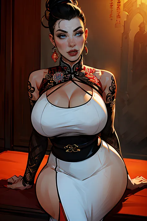 ch3rryg1g, ((Masterpiece)), ((ultraHD)), Women, ((Chinese)), ((Asian)), ((chinese facial features)), (Slanted eyes), plump lips, Red lipstick, Elegant, black hair, unruly shaved side mohawk, mascara, eye shadow, tall, wide hips, giant boobs, qipao, cleavag...