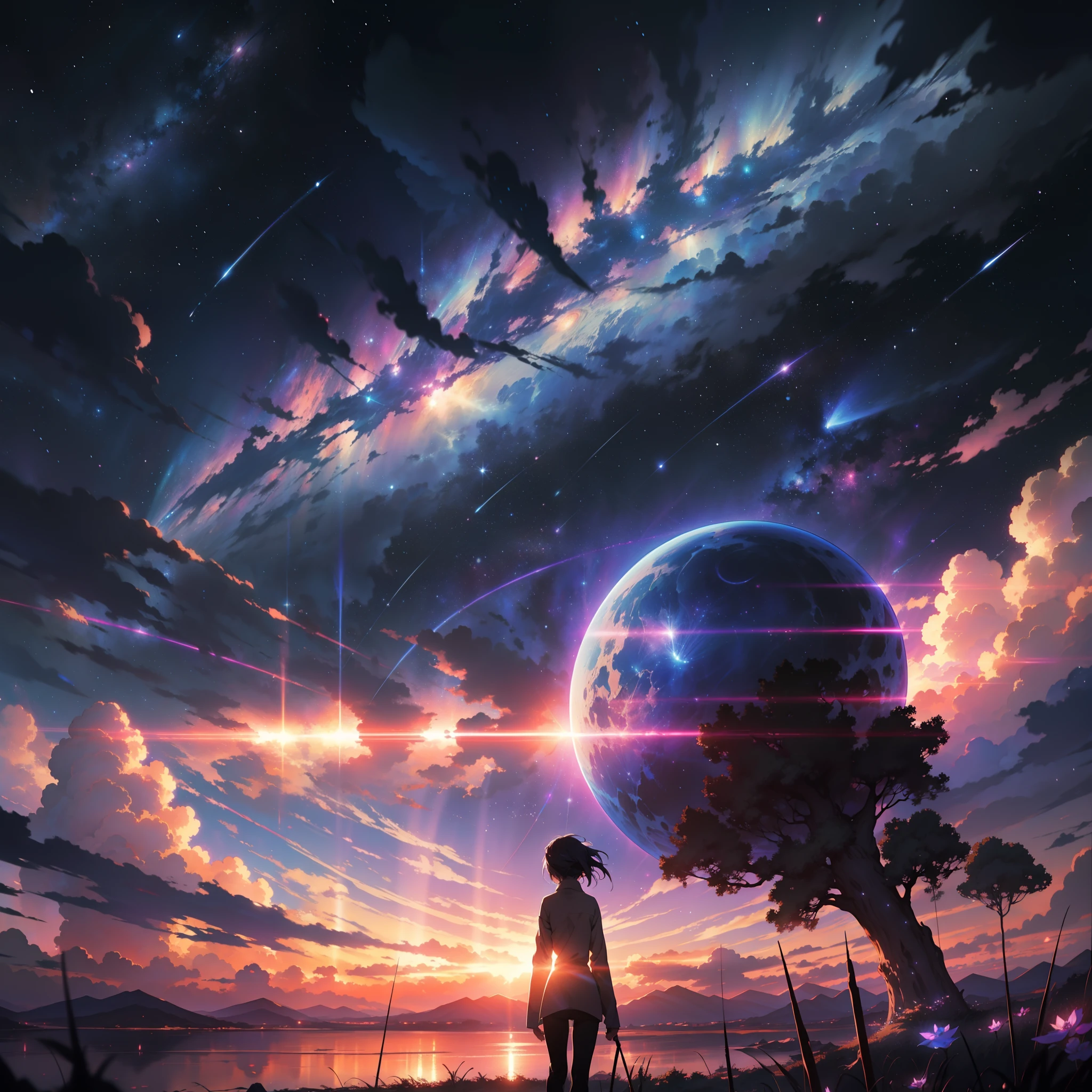 A girl standing in the grass looking at a planet with stars - SeaArt AI